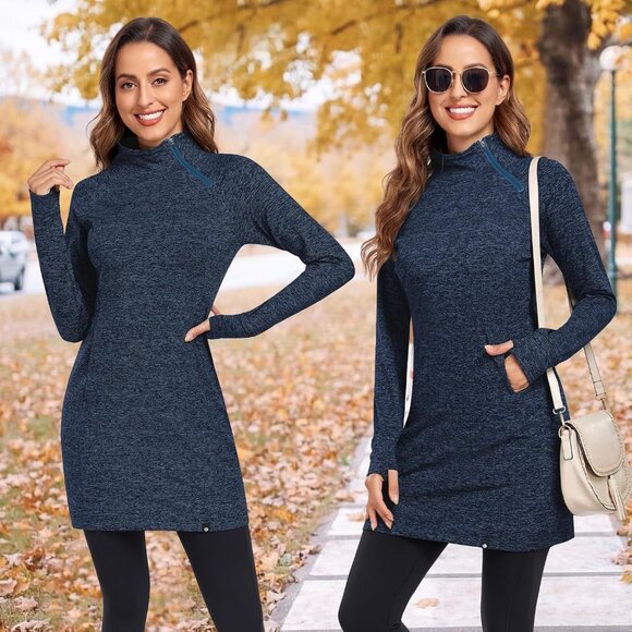 Women's Fleece Dress Running Sweatshirt Dress with Thumb Holes Pocket Zip-Blue - Picture 5 of 6